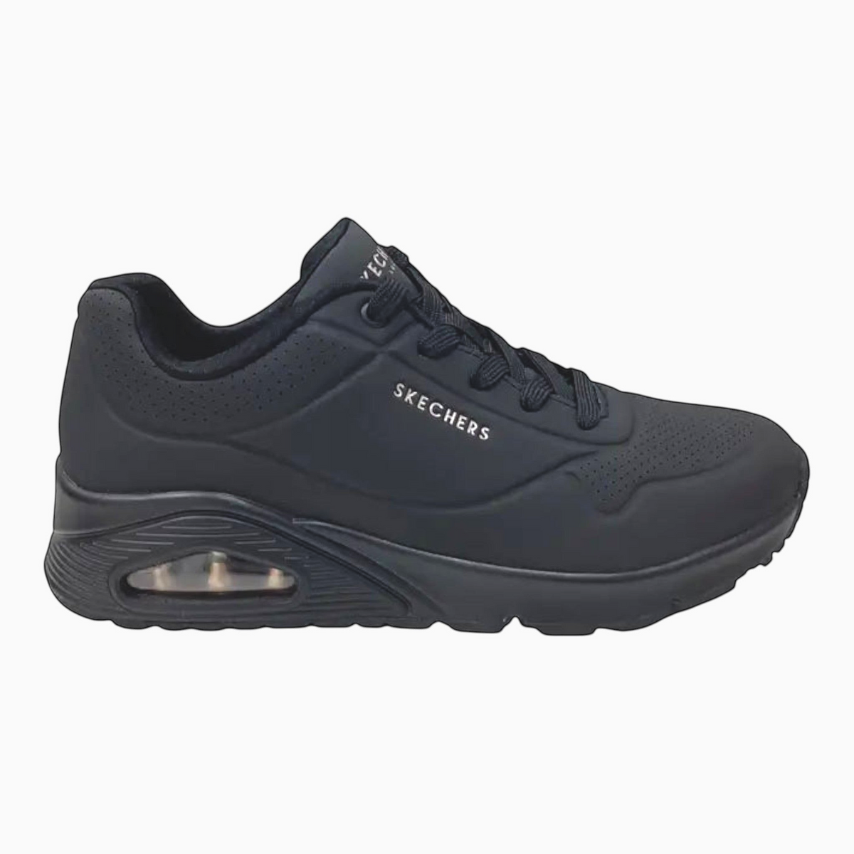 The Shoe Shop Skechers Uno Stand On Air wide fit black fashion sneaker with perforated synthetic upper and air midsole