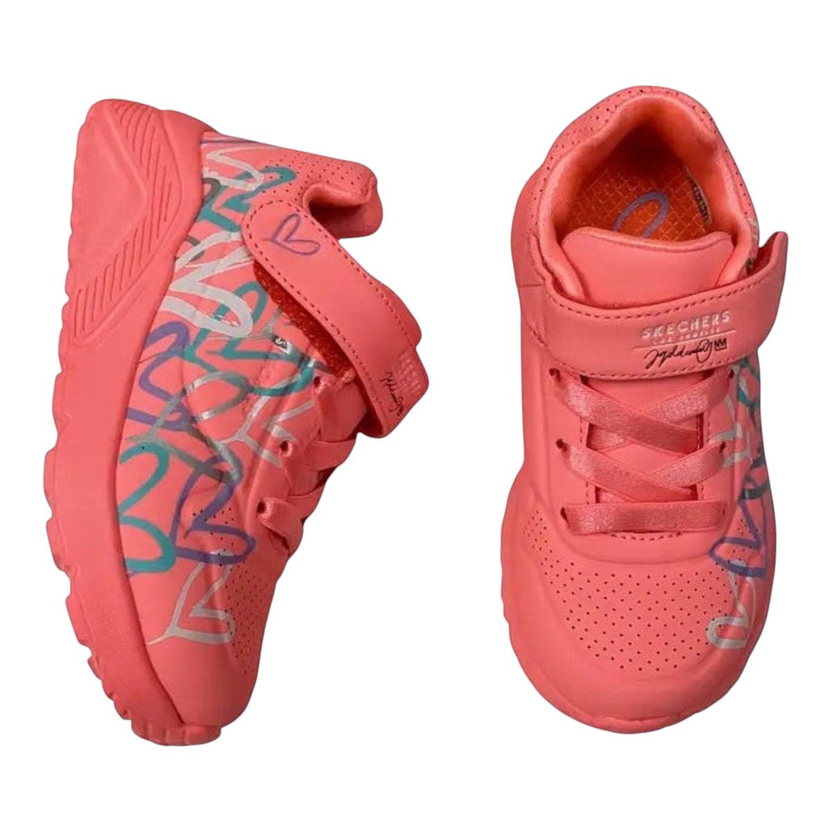 The Shoe Shop Skechers Uno Lite sneakers in pink with metallic graffiti heart prints and lace-up synthetic upper.