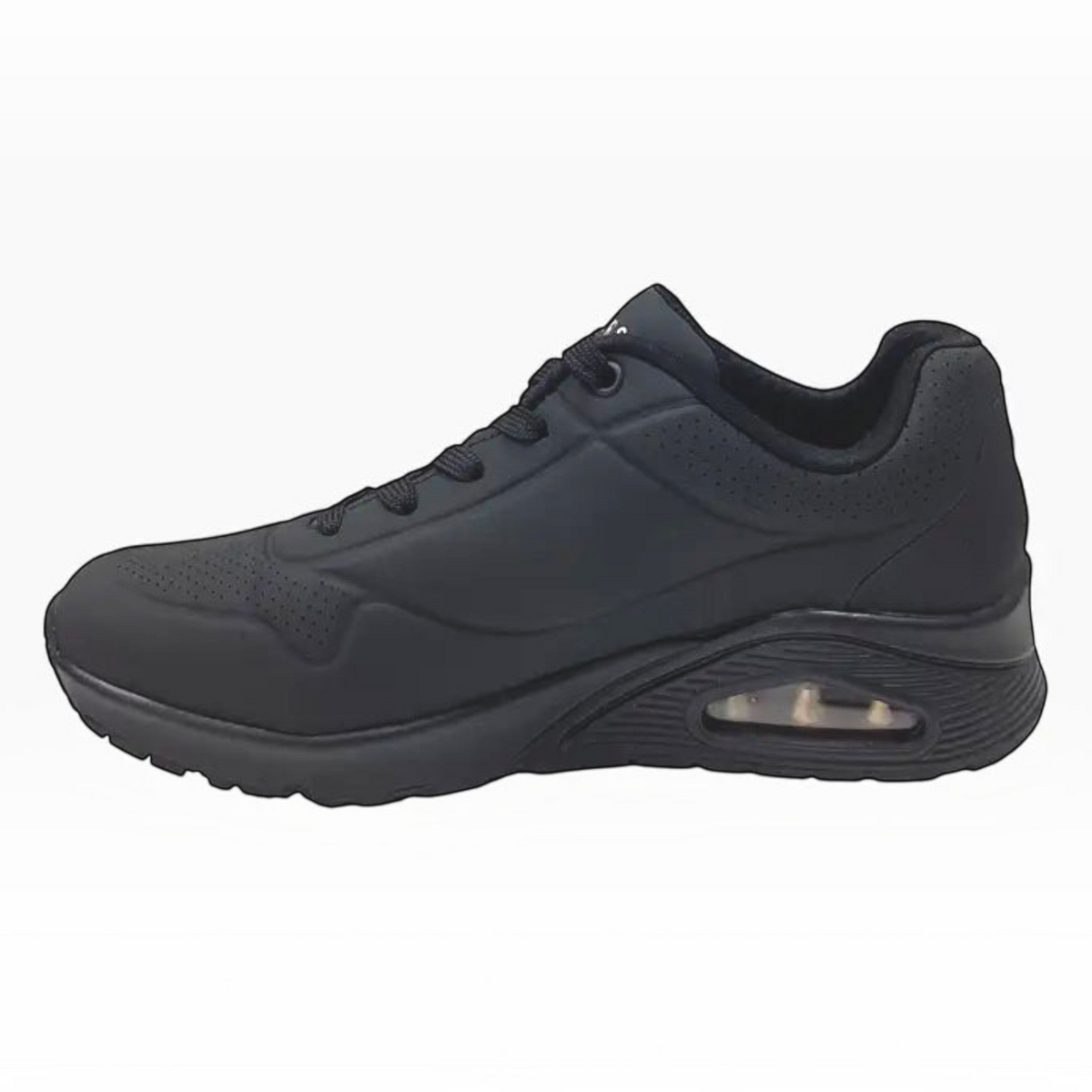 The Shoe Shop Skechers Uno Stand On Air wide black sneaker with perforated synthetic upper and visible air midsole
