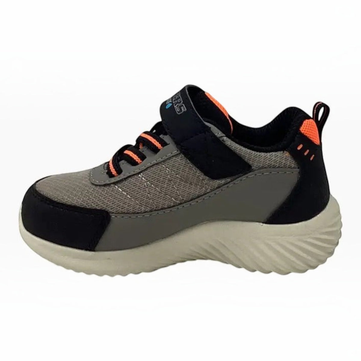 The Shoe Shop Skechers Bounder Venture Squad waterproof sneaker in grey and black with orange accents and strap closure
