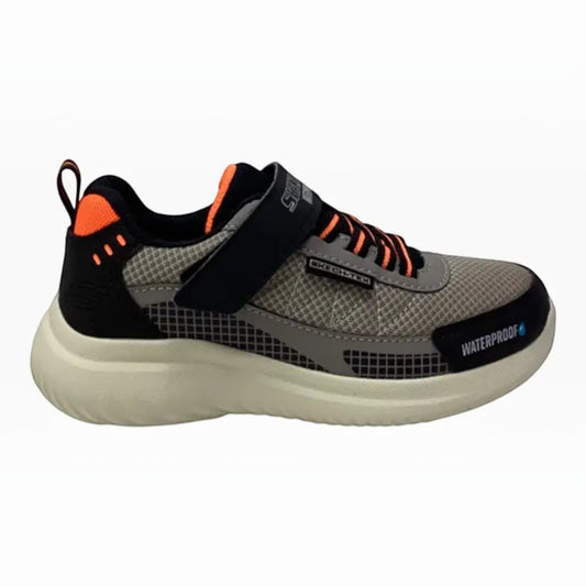 The Shoe Shop Skechers Bounder 2.0 Aqua Pace waterproof sneaker in grey and black with orange accents and strap closure.