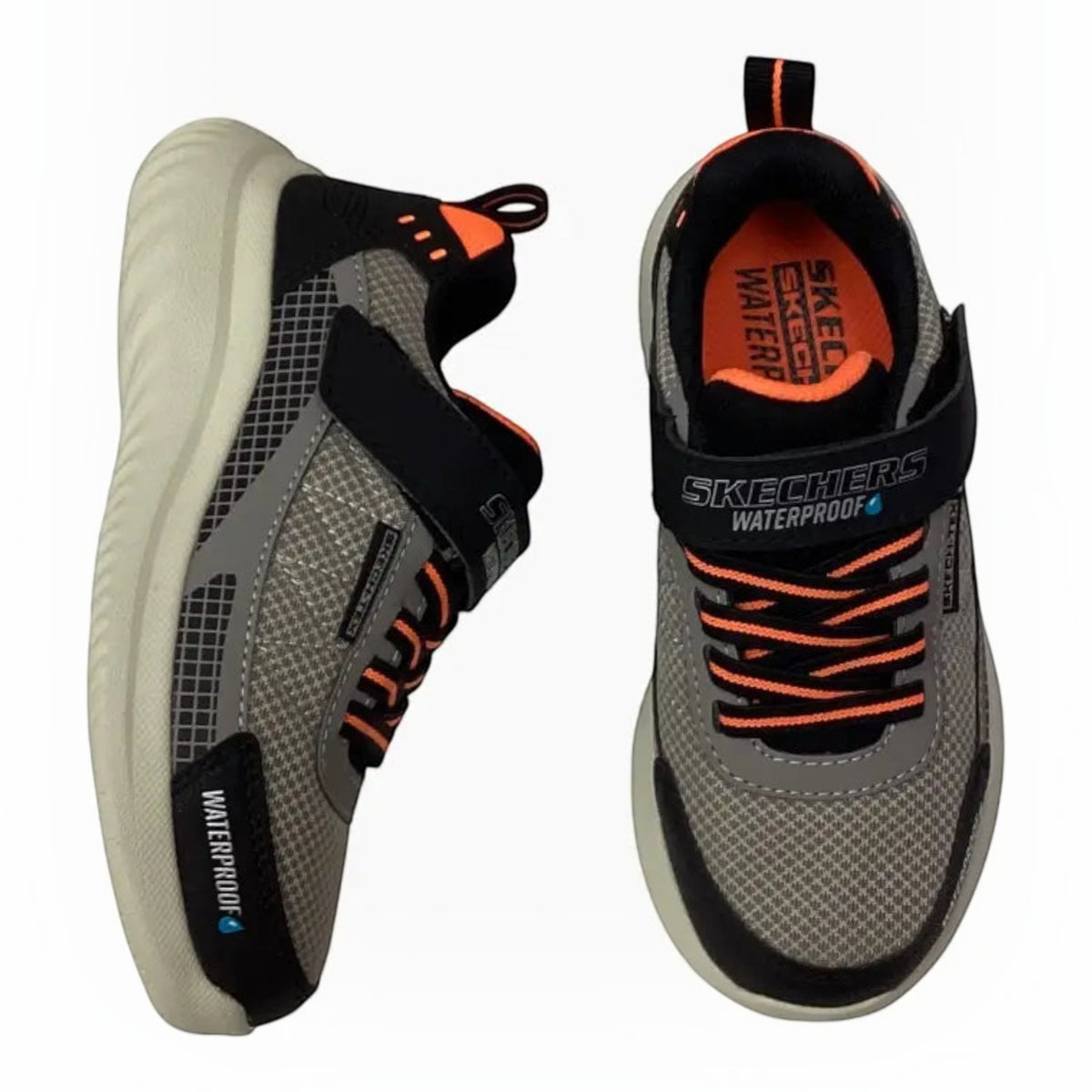 The Shoe Shop Skechers Bounder 2.0 Aqua Pace waterproof sneakers in grey and black with orange accents and strap