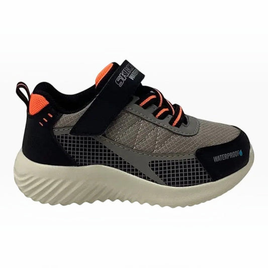 The Shoe Shop Skechers Bounder Venture Squad waterproof sneakers in grey and black with orange accents and strap.