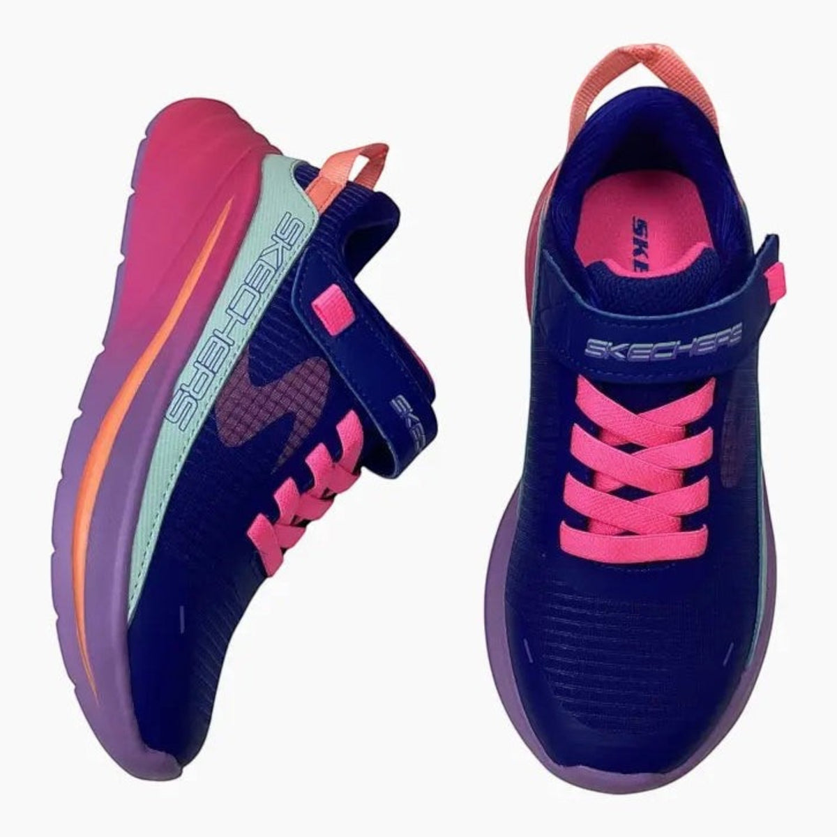The Shoe Shop Skechers Wave 92 Imara Lite kids' sneakers in blue with pink and aqua accents and hook-and-loop strap.