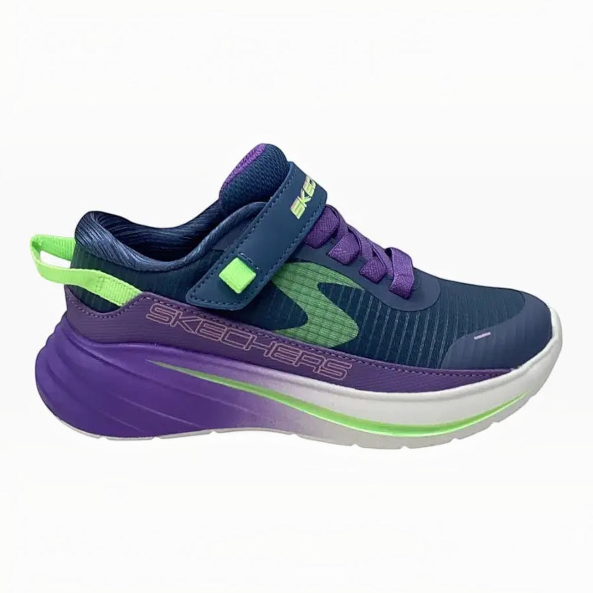 The Shoe Shop Skechers Wave 92 Imara Lite kids sneaker in navy mesh with purple, aqua, and lime green accents.