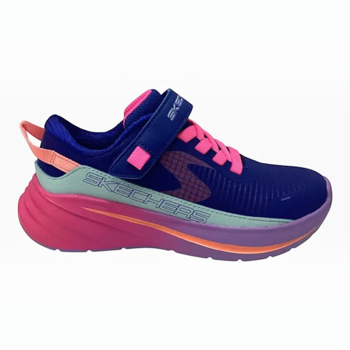 The Shoe Shop Skechers Wave 92 Imara Lite kids' sneaker in blue with pink and aqua accents and a cushioned midsole.