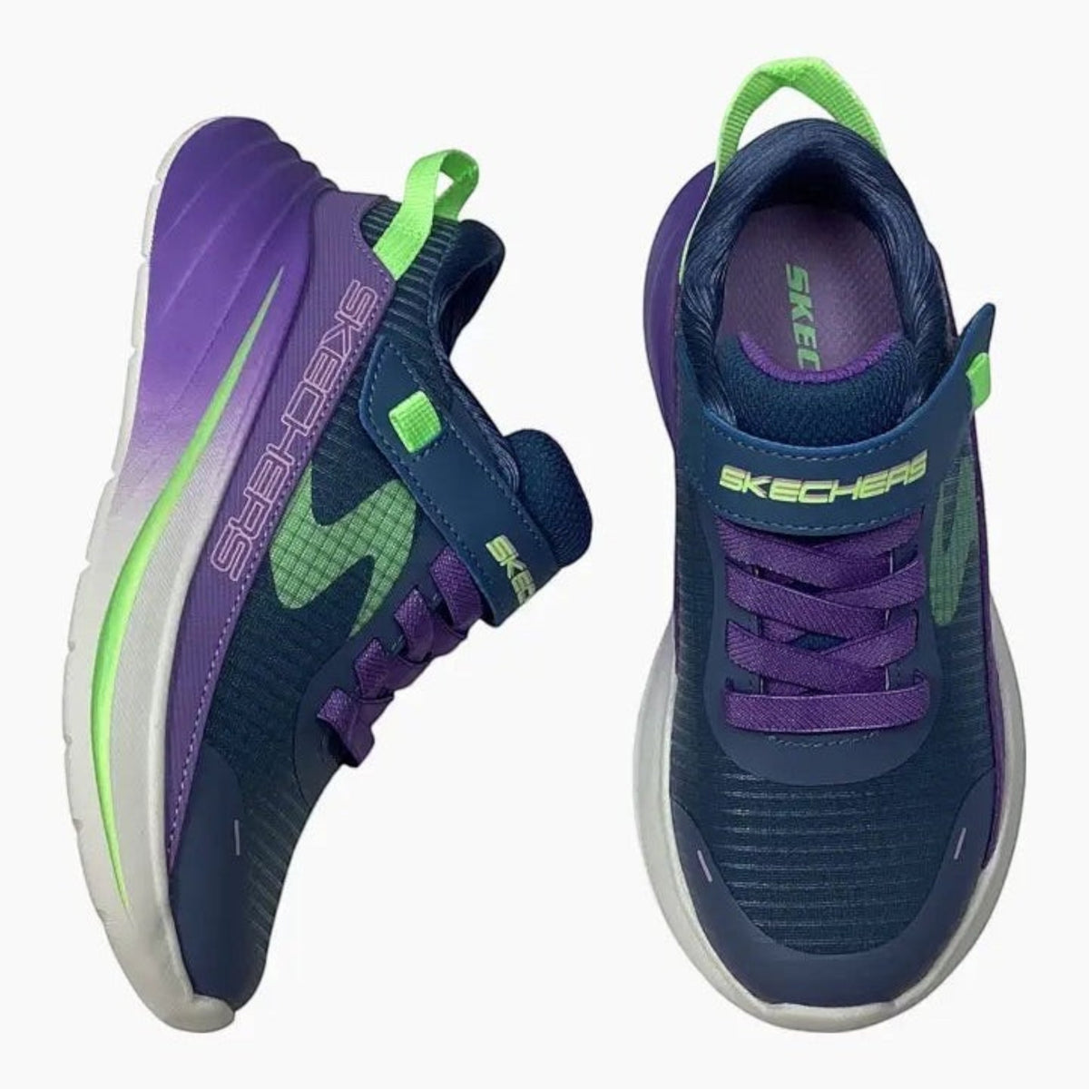The Shoe Shop Skechers Wave 92 Imara Lite kids' sneakers in purple, navy, and lime green with hook-and-loop straps.