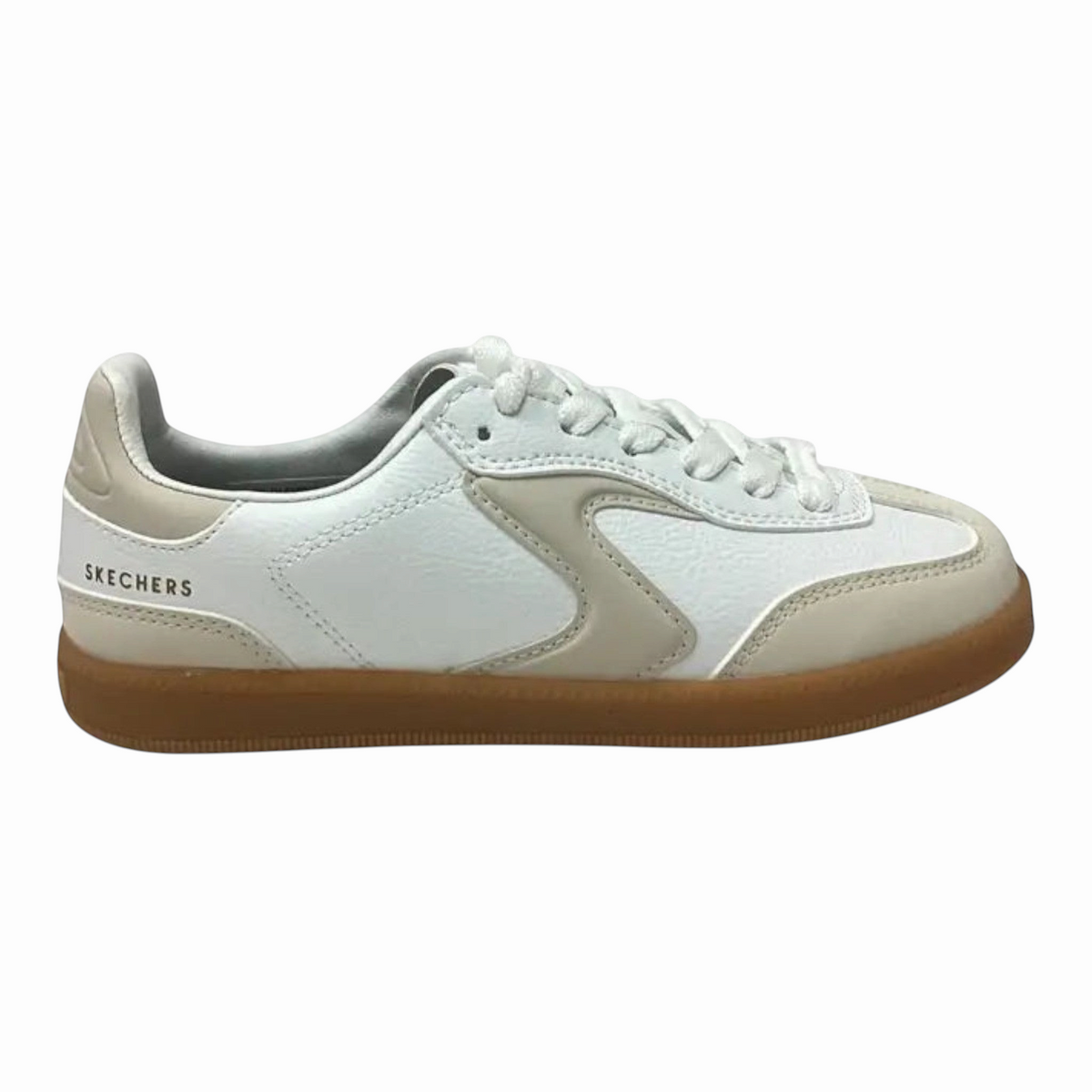 The Shoe Shop Skechers Hotshot Little Kickoff white synthetic sneaker with beige accents and a gum rubber sole.