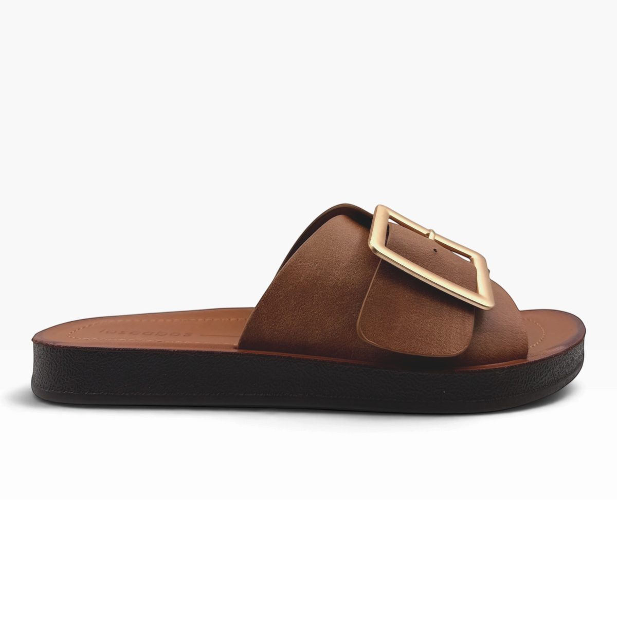 The Shoe Shop Skye Wide brown slide sandal with a large gold square buckle and a thick platform sole