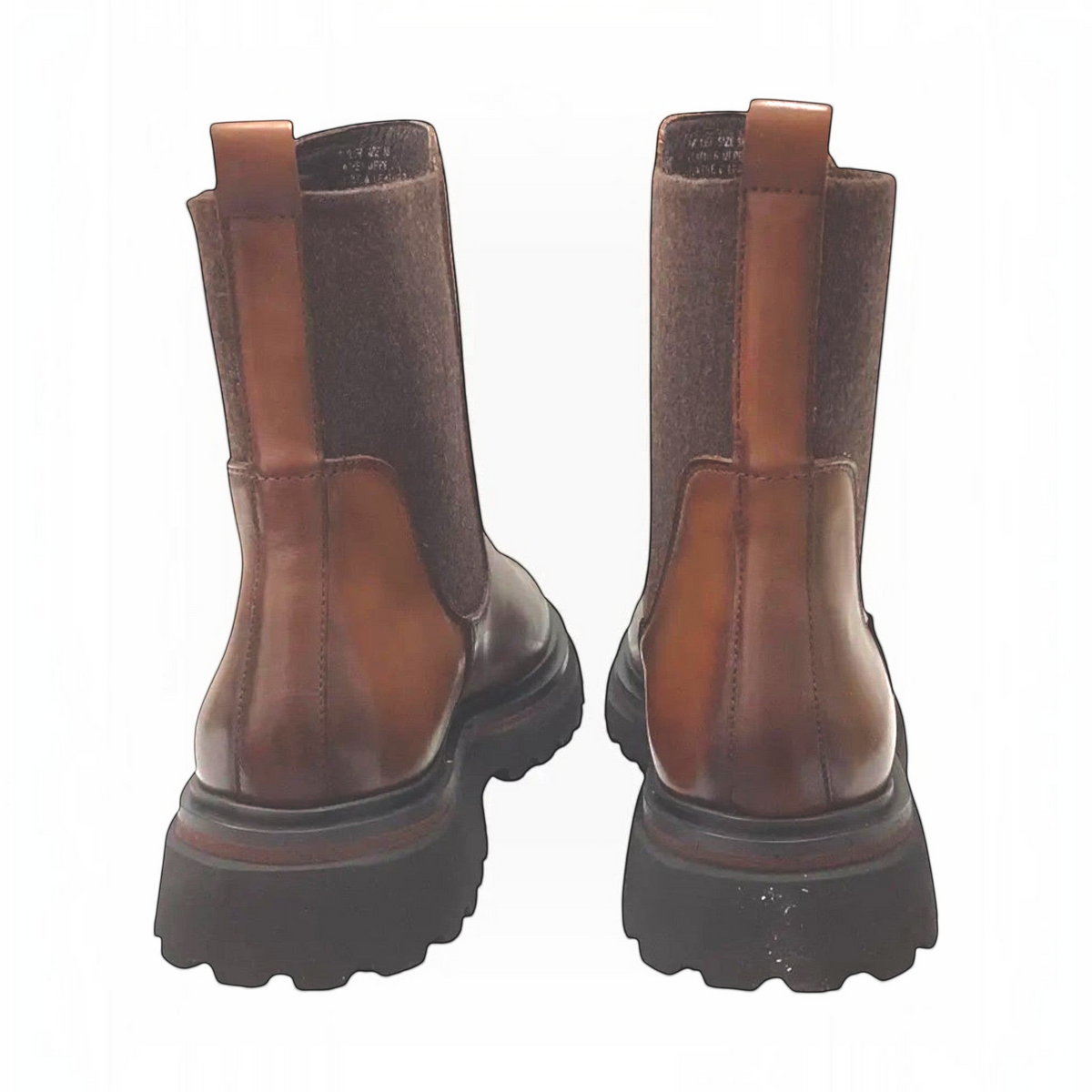 The Shoe Shop Skyler Chelsea boots in brown nubuck leather and cashmere with a chunky black lug sole, rear view.