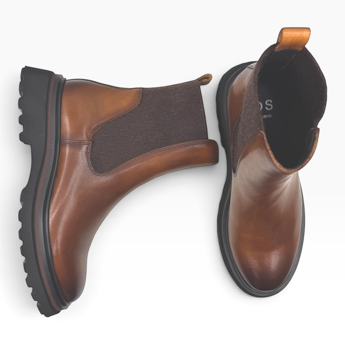 The Shoe Shop Skyler brown nubuck leather Chelsea boots with wool elastic side panels and a chunky 32mm lug sole.