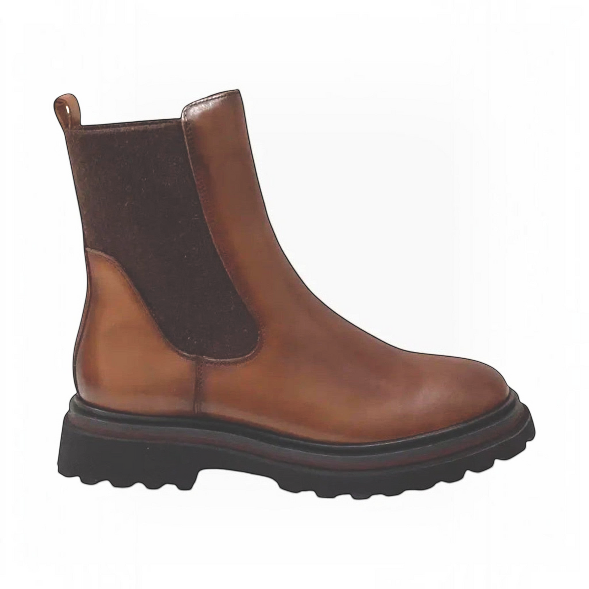 The Shoe Shop Skyler Chelsea boots in brown nubuck leather with a dark woolen elastic panel and a chunky lug sole.