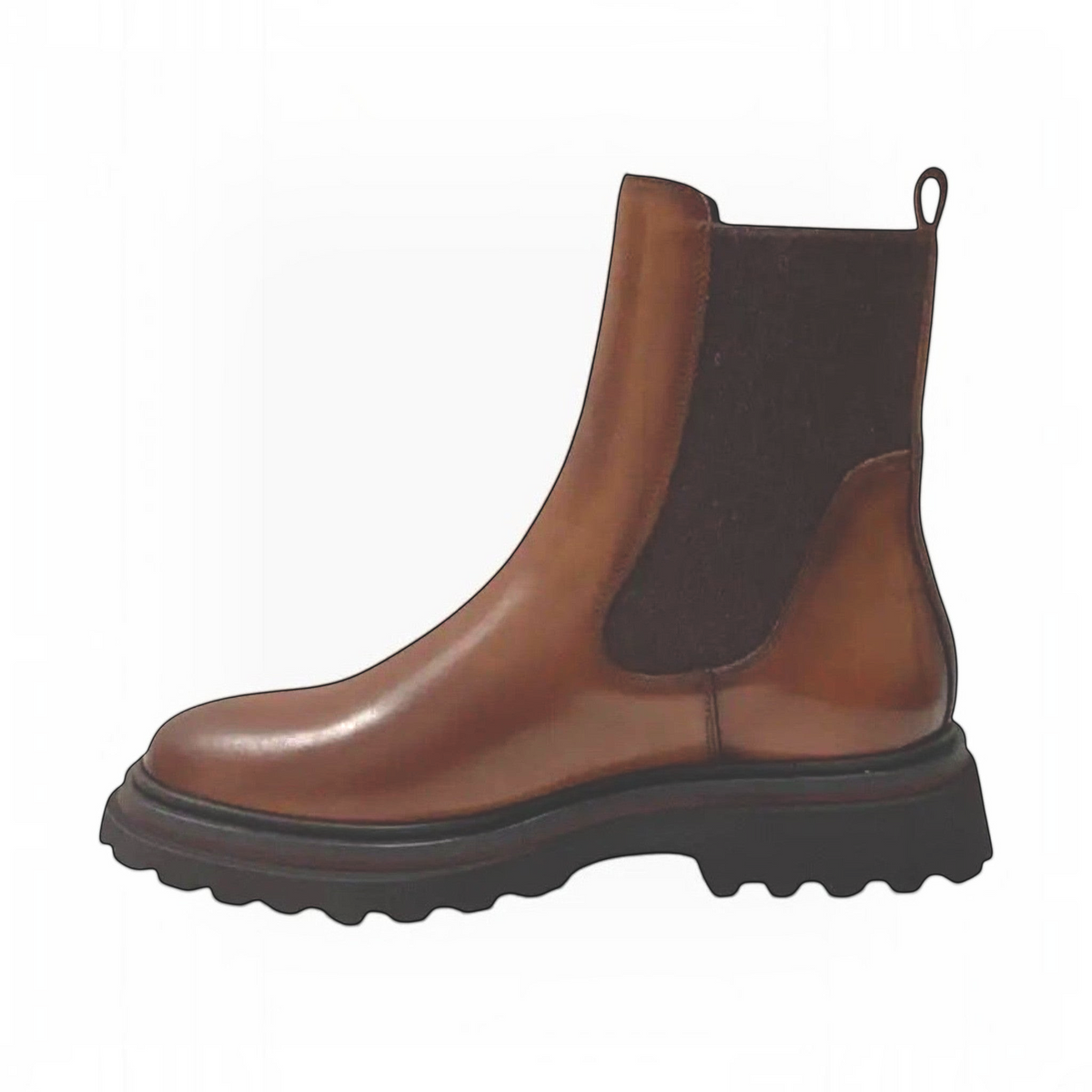 The Shoe Shop Skyler brown nubuck leather Chelsea boots with a 32mm heel and dark woolen elastic side panels.