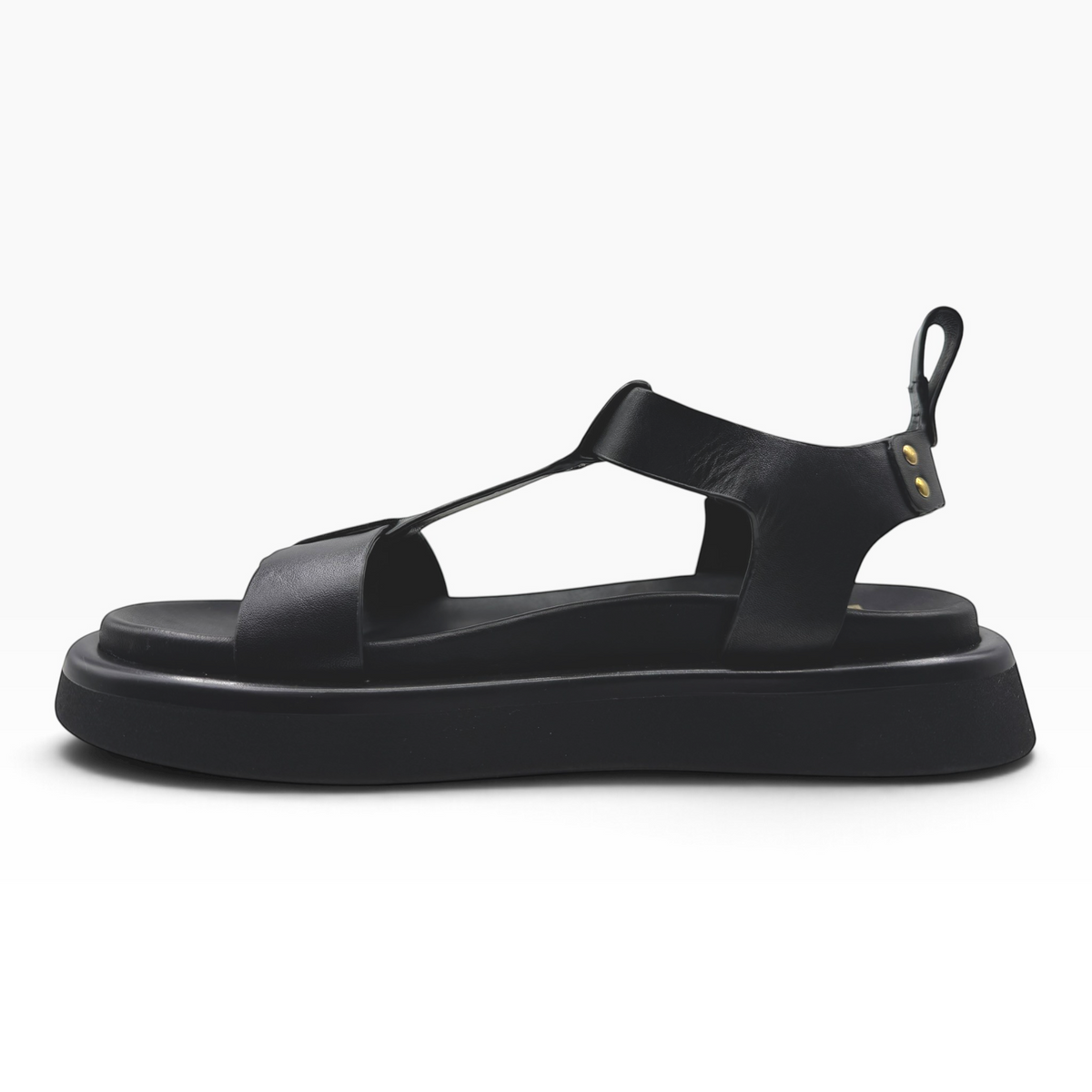 The Shoe Shop Slays black leather platform sandals with a T-strap design and gold-tone hardware side view