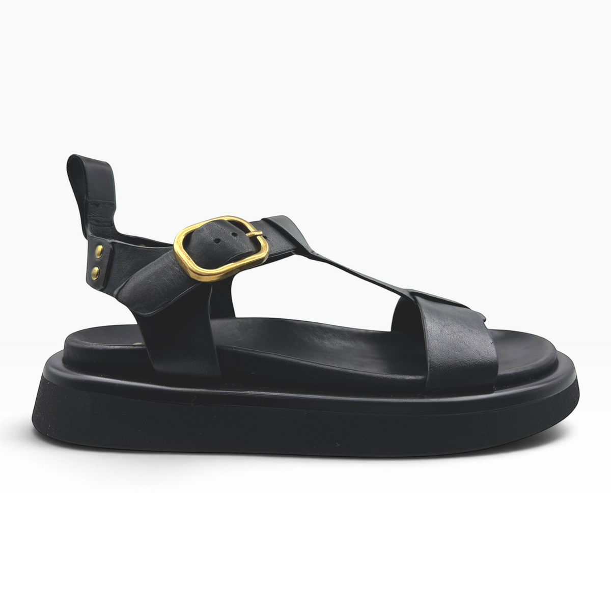 The Shoe Shop Slays black leather platform sandals with a gold buckle and ankle strap, side profile view.