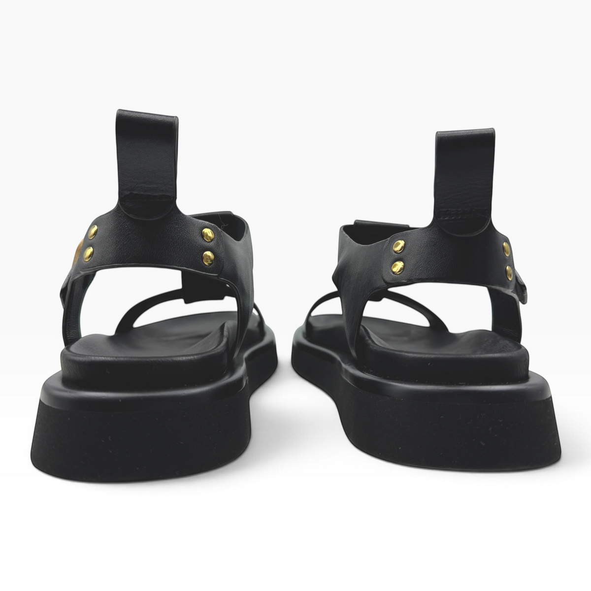 The Shoe Shop Slays black platform sandals with gold stud details and back pull tabs