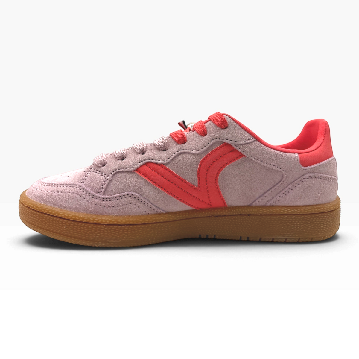 The Shoe Shop Smash Sneaker in rosa suede with red accents, perforated toe, and a classic gum rubber sole.