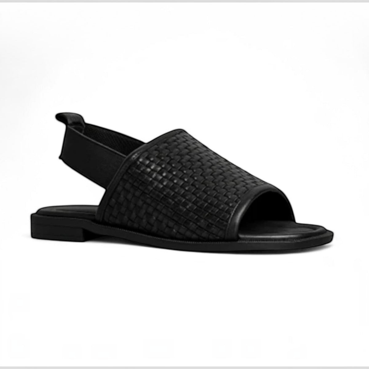 The Shoe Shop Snob black woven leather slingback sandal with a comfortable flat slip-on design for everyday wear.