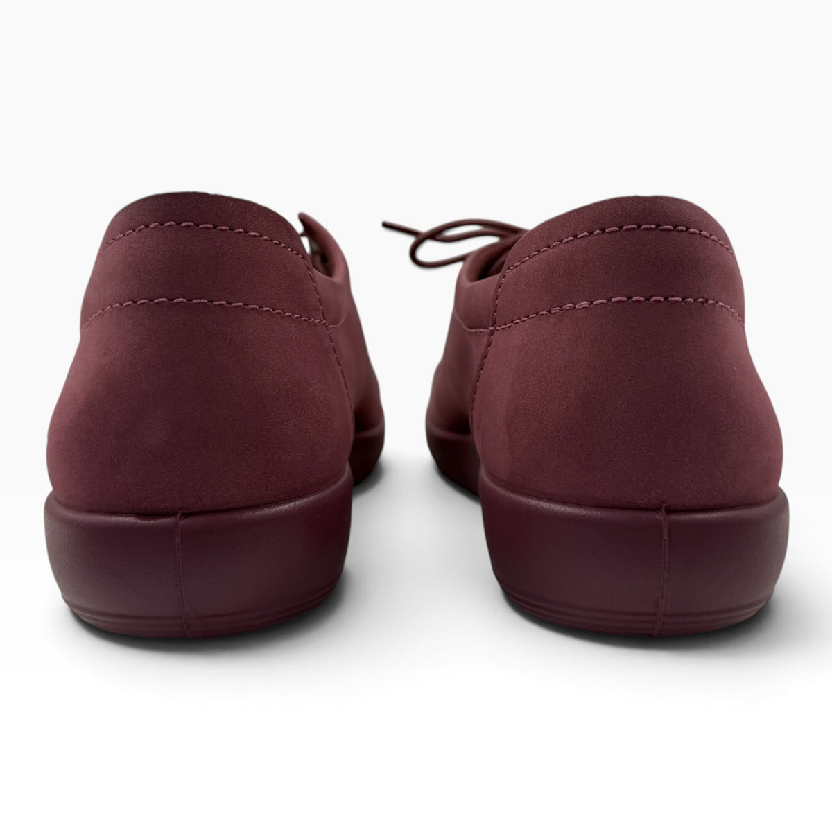Rear view of The Shoe Shop Soft 2.0 shoes in dark red Nocturne suede with matching soles