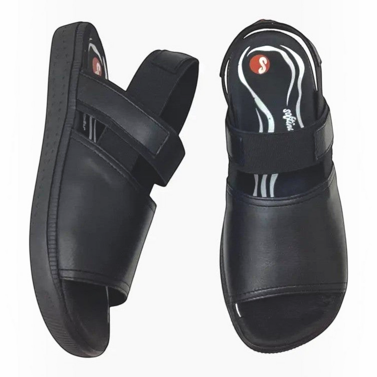 The Shoe Shop Softinos Ilix black leather sling-back sandals with cushioned memory foam footbed and flexible soles