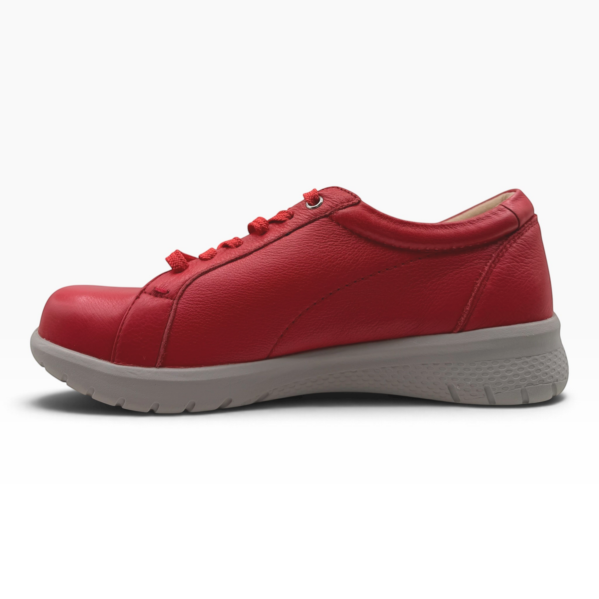 The Shoe Shop Solar XF red leather sneaker with lace-up design, side zip, and grey slip-resistant sole.