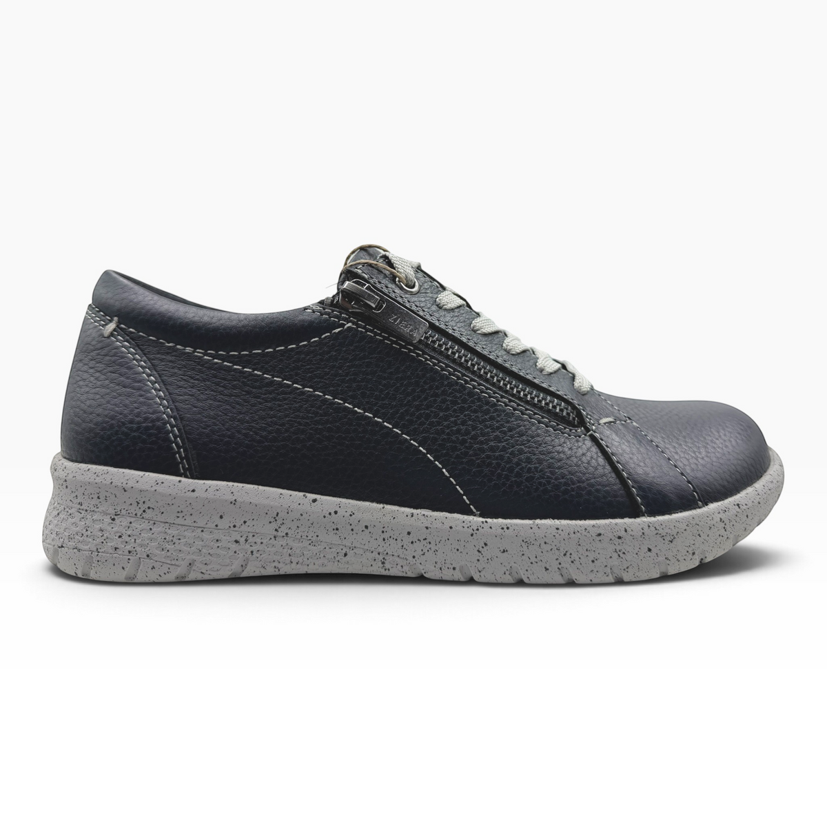 The Shoe Shop Solar XF black leather sneaker with side zip, lace-up closure, and grey speckled supportive sole.