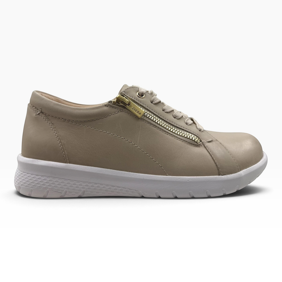 The Shoe Shop Solar XF leather sneaker in taupe with side zip, lace-up closure, and supportive white sole.