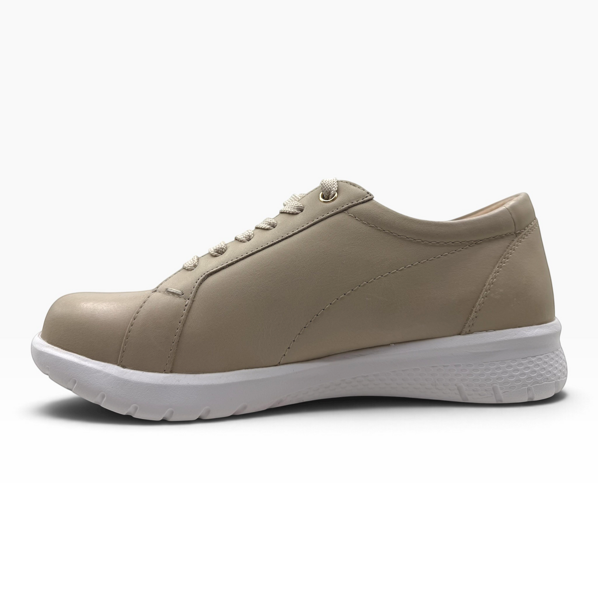 The Shoe Shop Solar XF leather sneaker in taupe with a white slip-resistant sole and lace-up design.