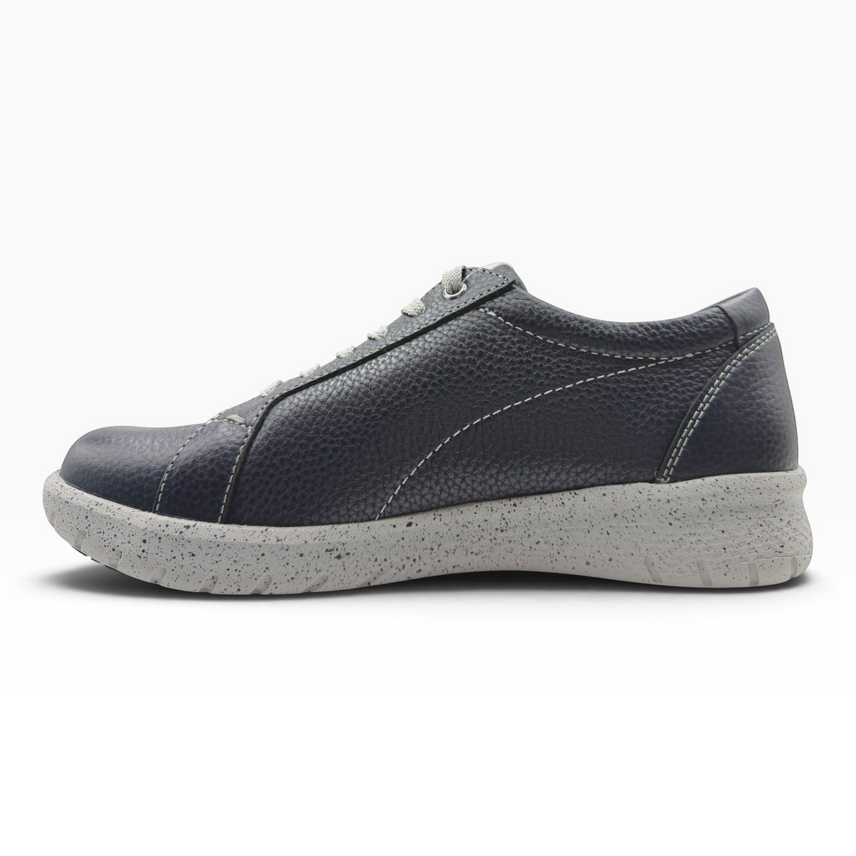 The Shoe Shop Solar XF leather sneaker in navy blue with a speckled grey slip-resistant sole and lace-up design.