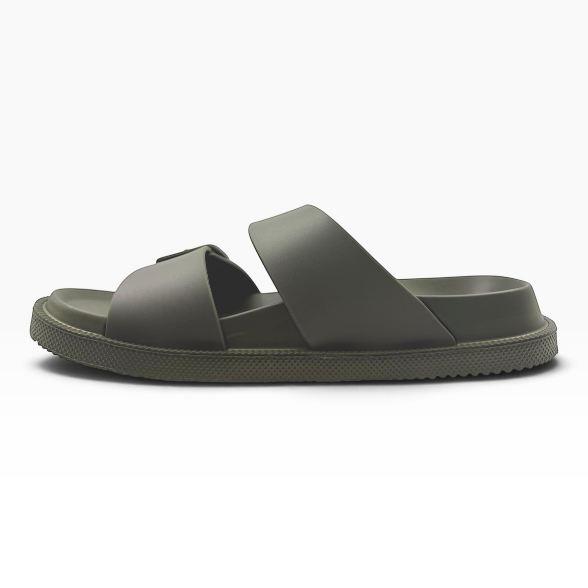 The Shoe Shop Soleseeker slide sandal in green with adjustable straps, cushioned footbed, and flexible sole.