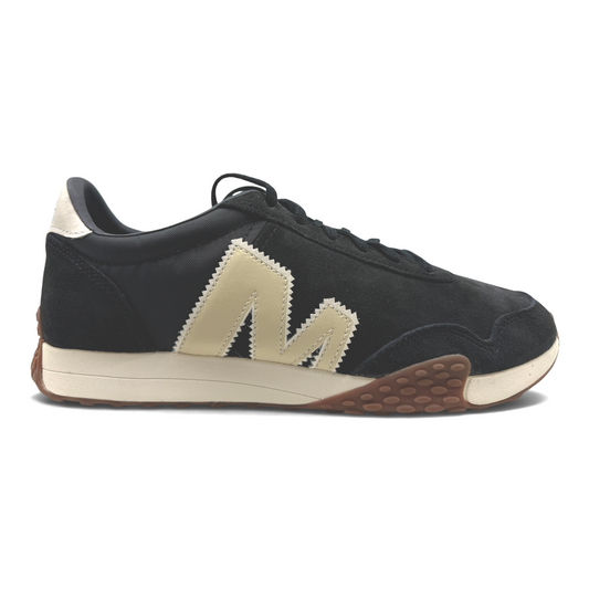 The Shoe Shop Sprint Anthem sneaker in black suede and mesh with a cream logo, white midsole, and gum-rubber outsole.