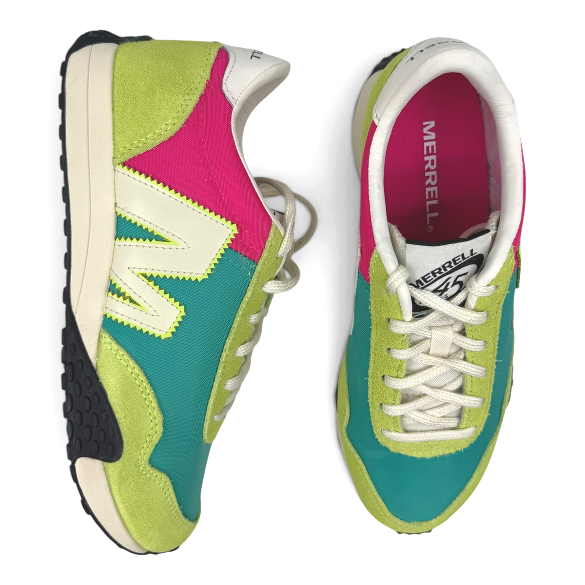 The Shoe Shop Sprint Anthem sneaker featuring a vibrant lime green, teal, and magenta color-blocked design