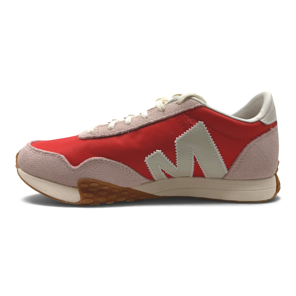 The Shoe Shop Sprint Anthem sneaker in red nylon with beige suede overlays and a white jagged side logo