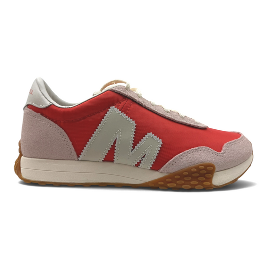 The Shoe Shop Sprint Anthem sneaker in red nylon and beige suede with a gum rubber outsole and zigzag M logo detail.