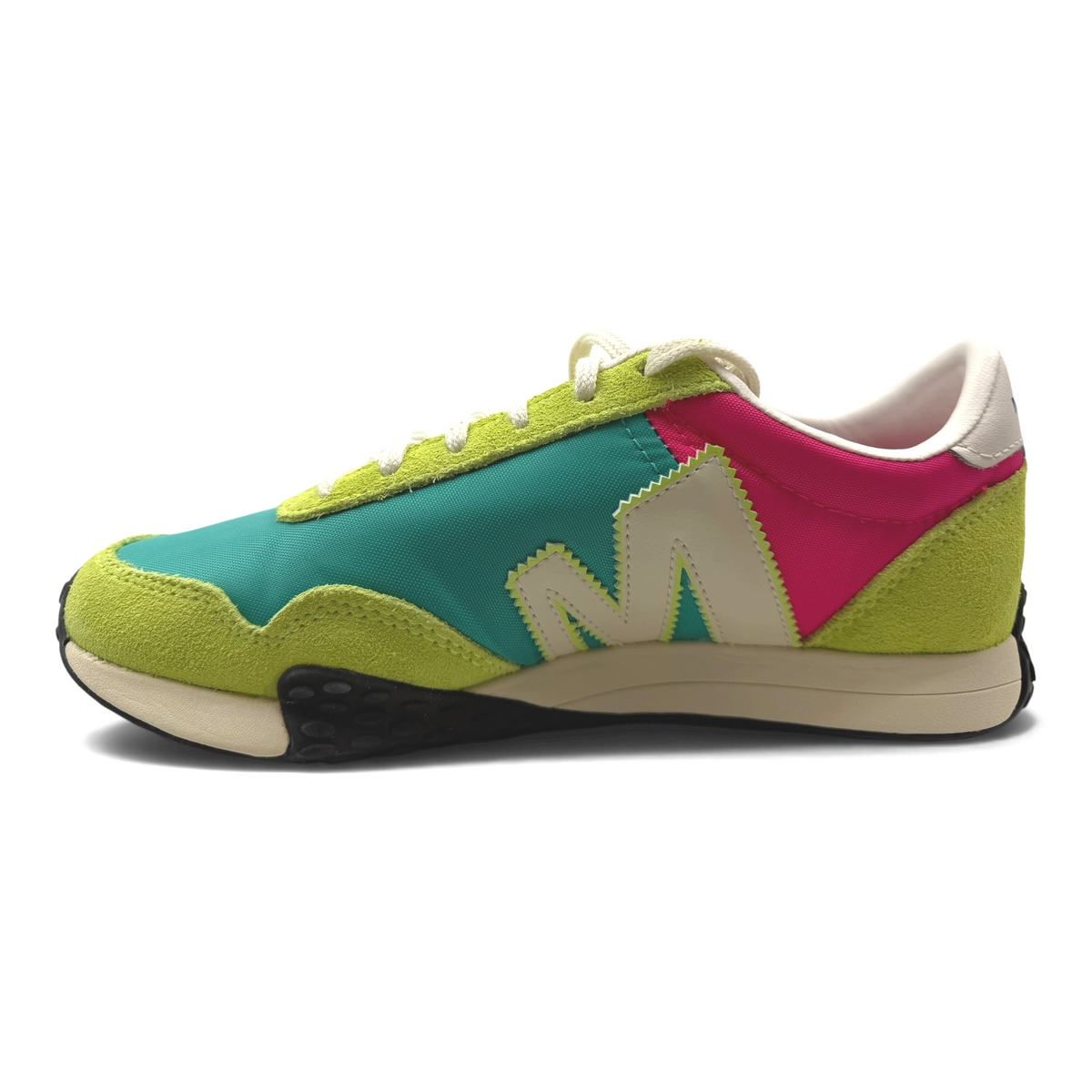The Shoe Shop Sprint Anthem sneaker in teal, lime green, and magenta with suede overlays and a cream M logo.