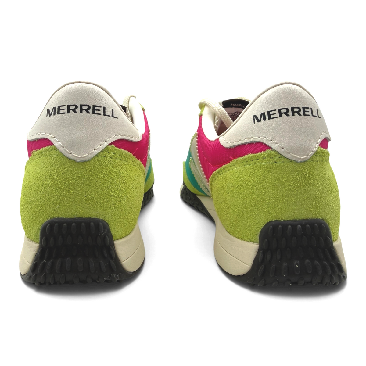 The Shoe Shop Sprint Anthem sneaker back view featuring lime green suede, pink accents, and black rubber heel detail.