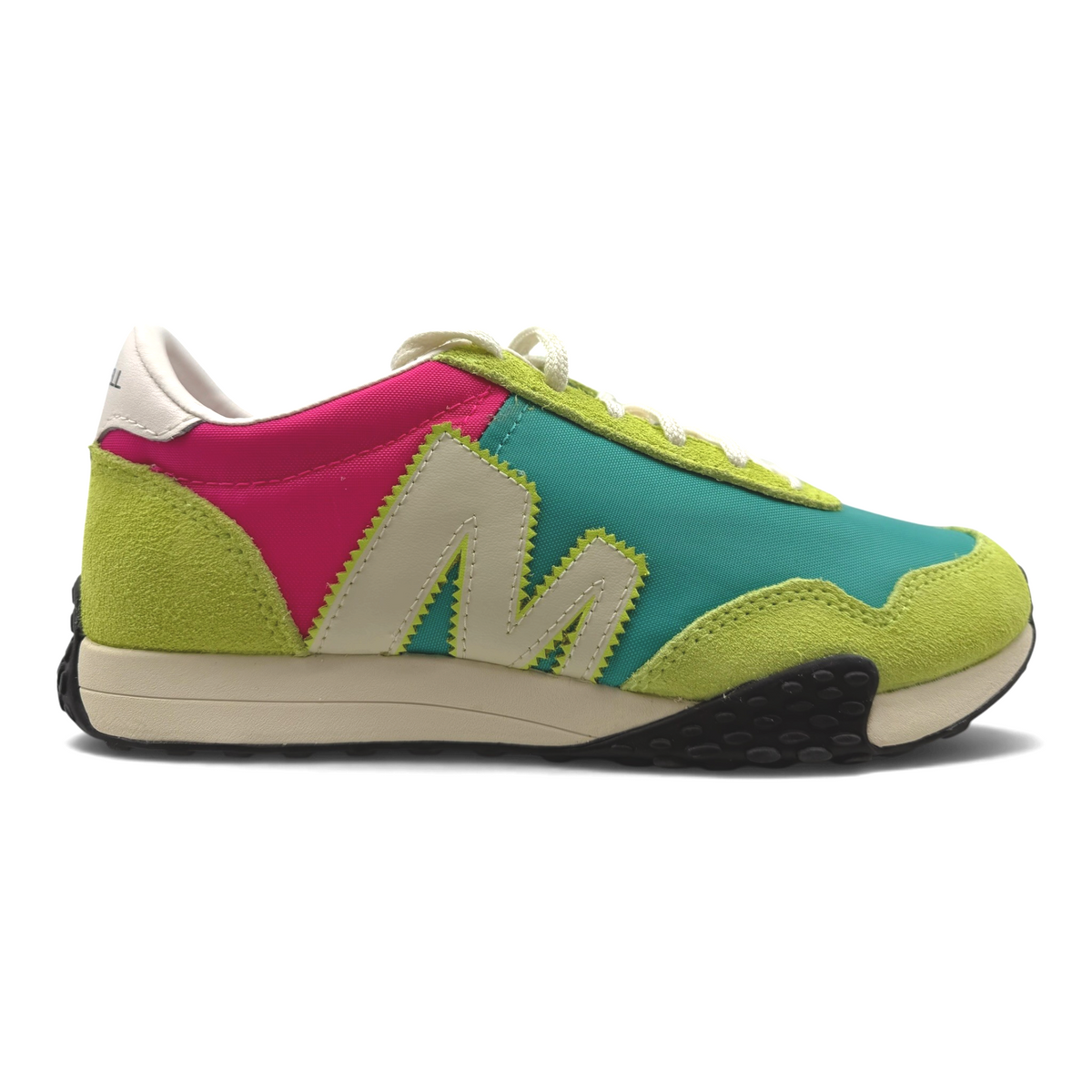 The Shoe Shop Sprint Anthem sneaker in teal, lime green, and magenta with a cream logo and black textured sole.