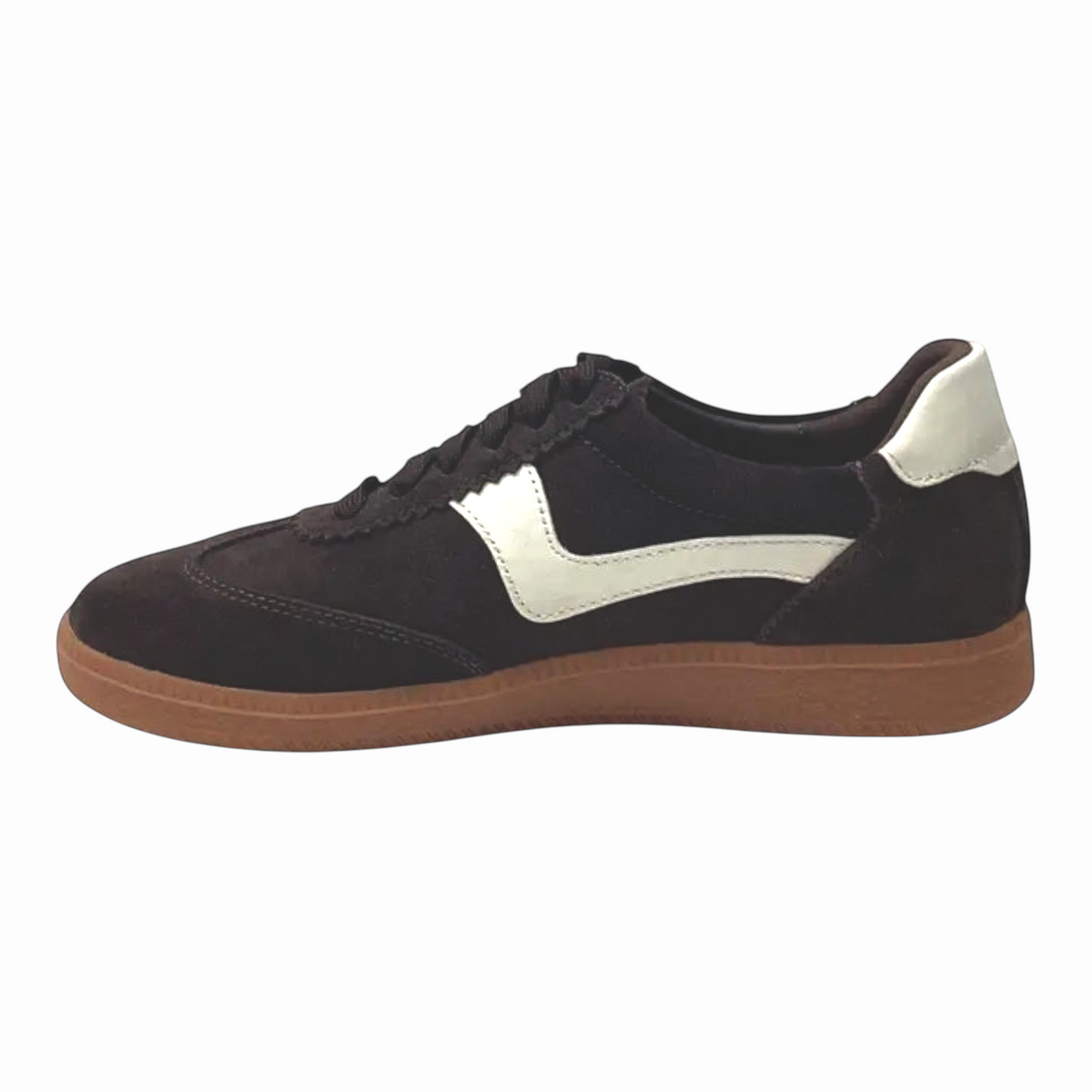 The Shoe Shop Staton sneaker in dark brown suede and leather with a white side wave and classic gum rubber sole.