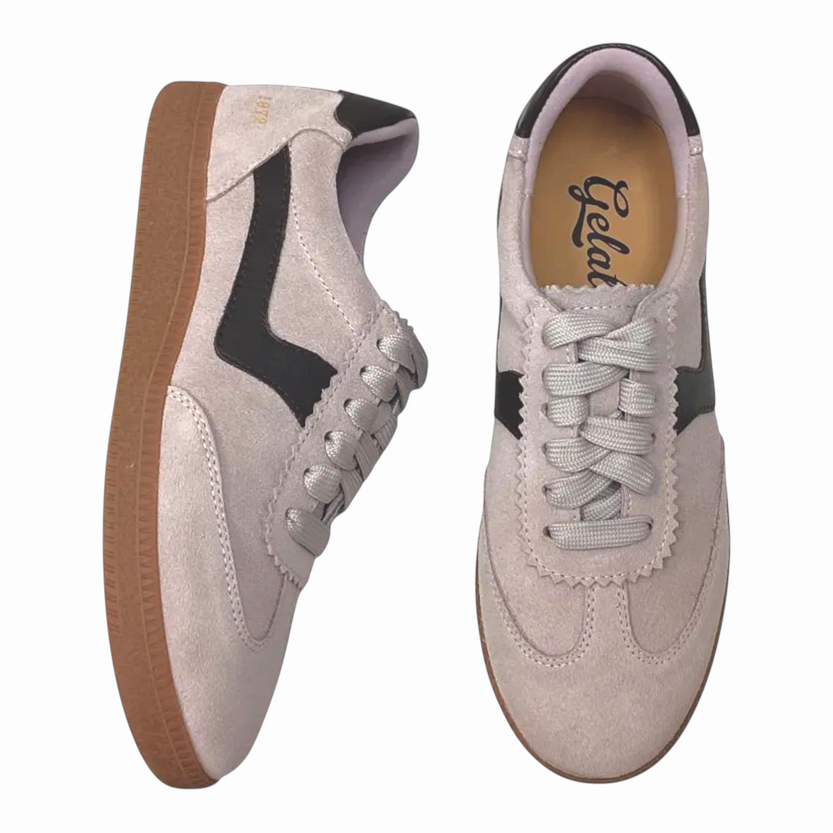 The Shoe Shop Staton retro sneakers in grey suede and leather with black side wave detail and a classic gum sole.