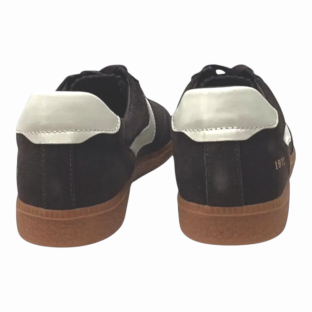 The Shoe Shop Staton sneaker in dark suede with white heel tab and classic gum sole, rear view.