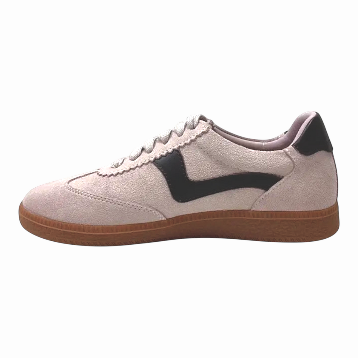 The Shoe Shop Staton sneaker in beige suede and leather with a retro side-wave design and classic gum sole.