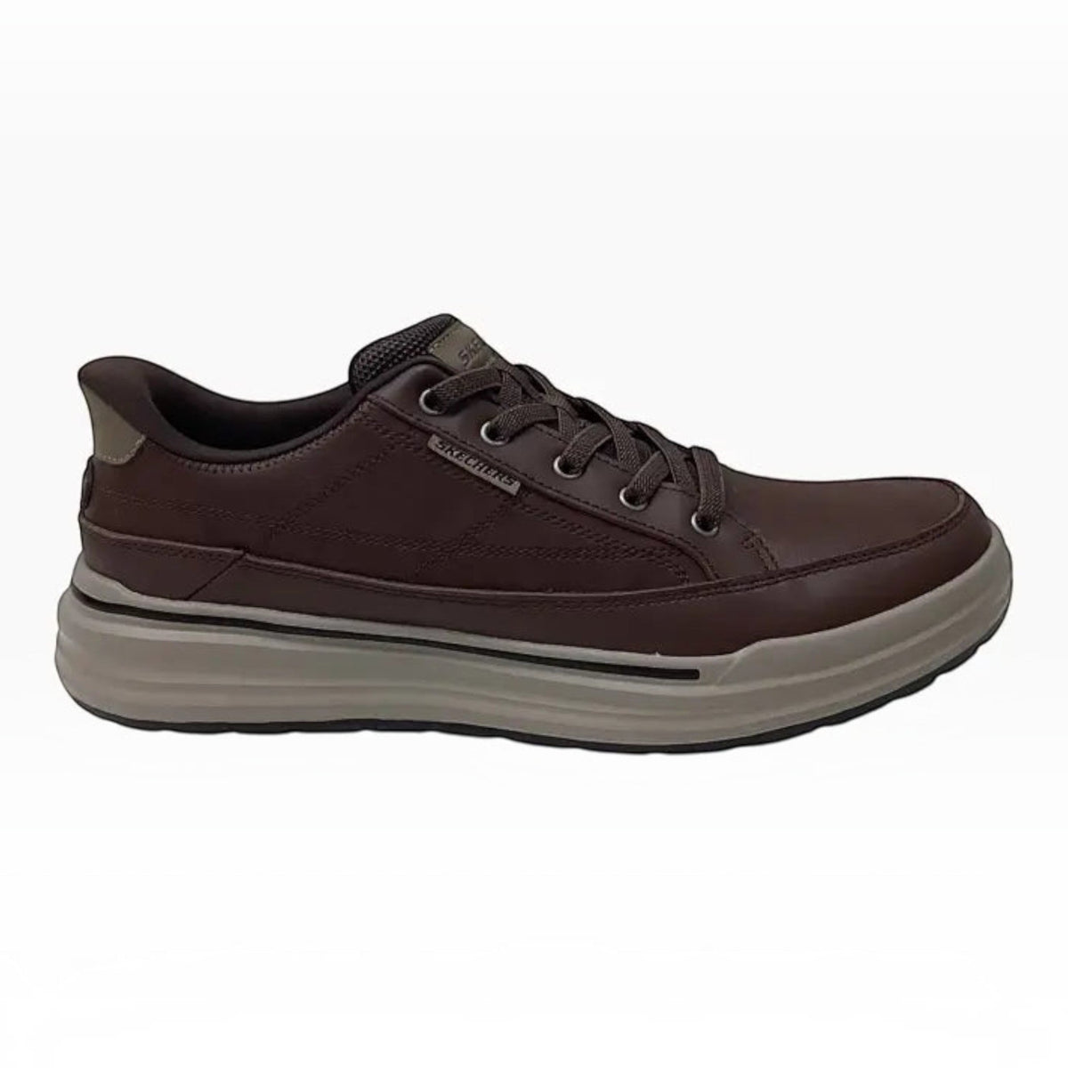 The Shoe Shop Skechers Sterling-Hansel brown leather slip-on sneaker with memory foam cushioning and thick sole