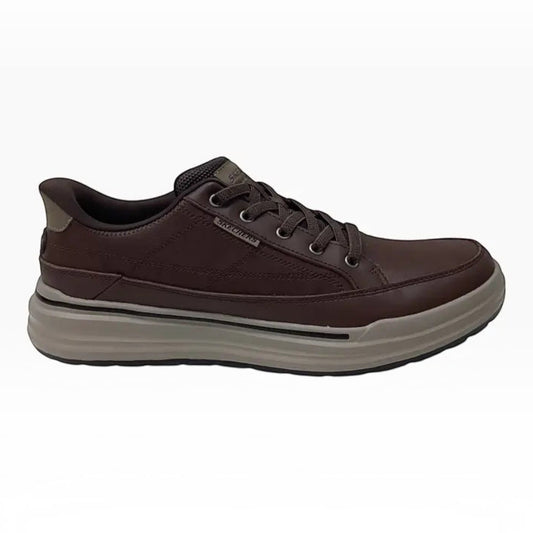 The Shoe Shop Skechers Sterling-Hansel brown leather slip-on sneaker with memory foam cushioning and thick sole