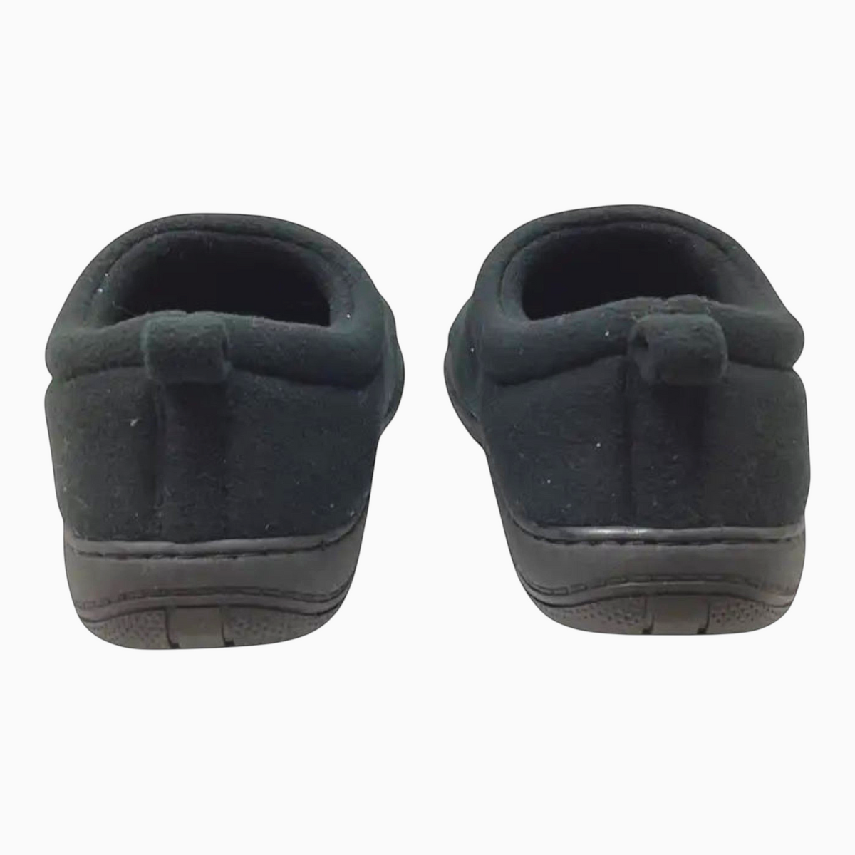 The Shoe Shop Suzie Slipper in black polar fleece with a slip-on design and cushioned sole, back view.