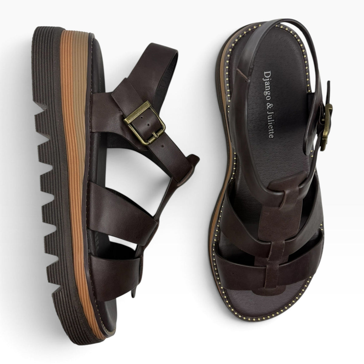 The Shoe Shop Django & Juliette Sylvera dark brown leather platform sandals with gold buckle and ridged rubber sole.