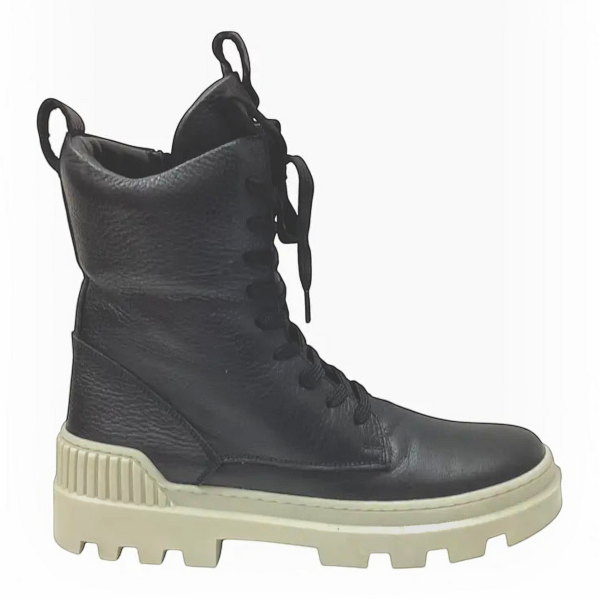 The Shoe Shop Rilassare Taigan black leather lace-up boot with a chunky cream rubber sole and padded collar.