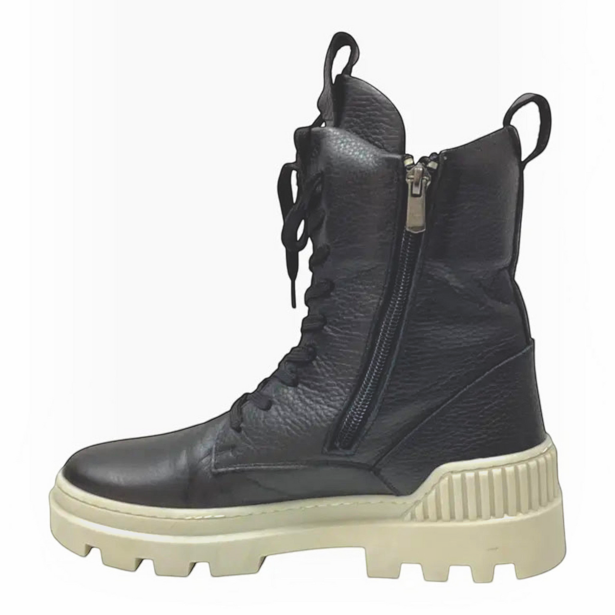 The Shoe Shop Rilassare Taigan black leather mid-length lace-up boot with a chunky cream rubber sole and side zip.