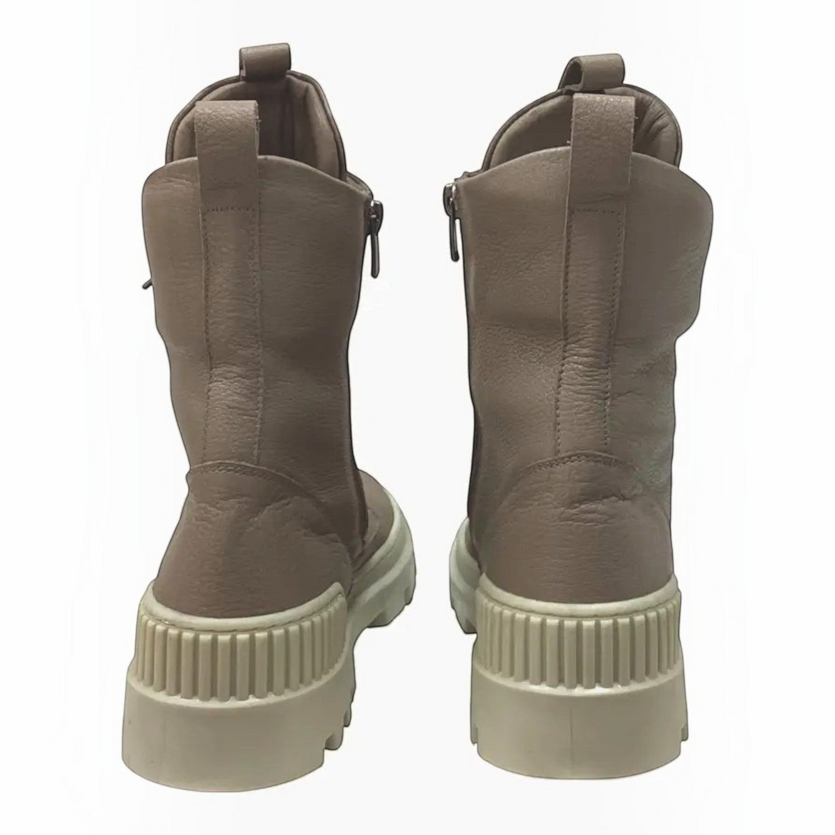 The Shoe Shop Taigan mid-length leather boots in taupe with chunky cream rubber soles and rear pull tabs