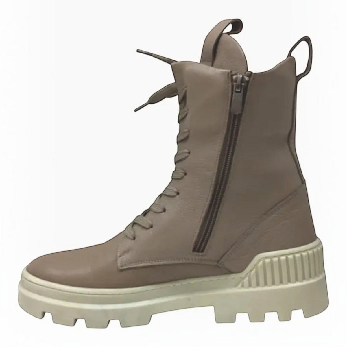 The Shoe Shop Taigan mid-length boot in taupe leather with a chunky cream rubber sole, lace-up front, and side zip.