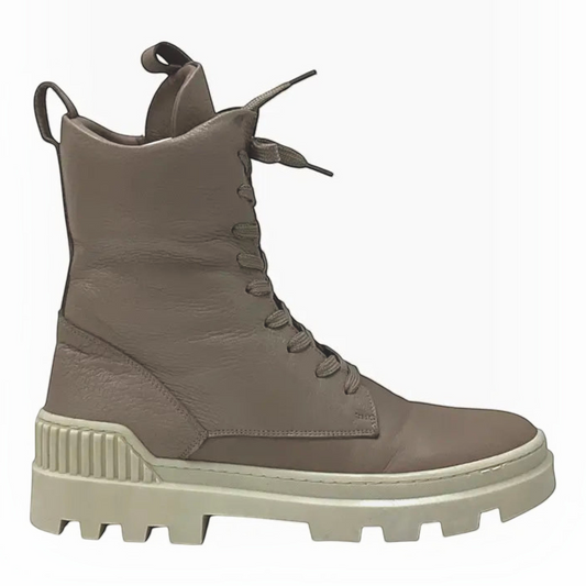 The Shoe Shop Rilassare Taigan taupe leather lace-up mid-length boot with a chunky cream rubber lug sole.